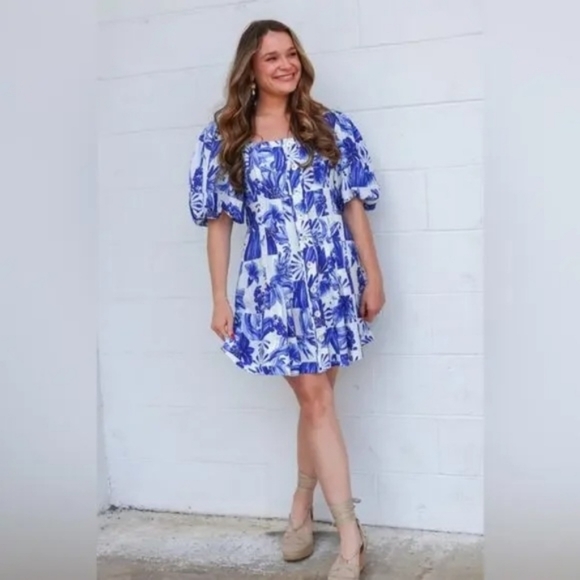 💘 Farm Rio Garden Tiles Button Front Linen Blend Mini Off White Floral NWT - Picture 4 of 8